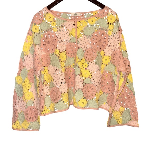 Entro Knit Crochet Floral Multi Color Pastel Cropped Long Sleeve Lace Top Small - Picture 4 of 14